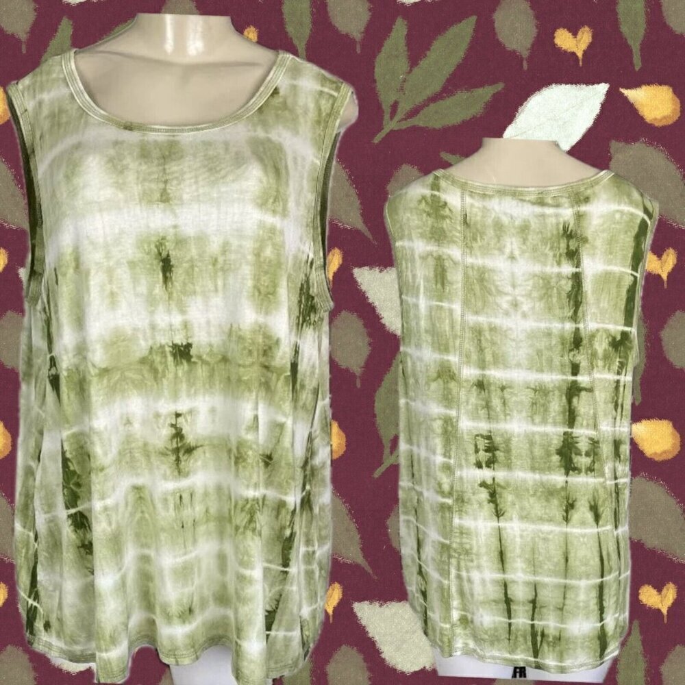 Bleu Plus 1X Green Tie-Dye Print Crew Neckline Rayon Blend Sleeveless Top